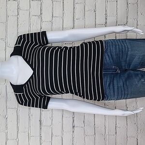 American Eagle Soft & Sexy Short Sleeve Striped Polo Tee Shirt in Black/White